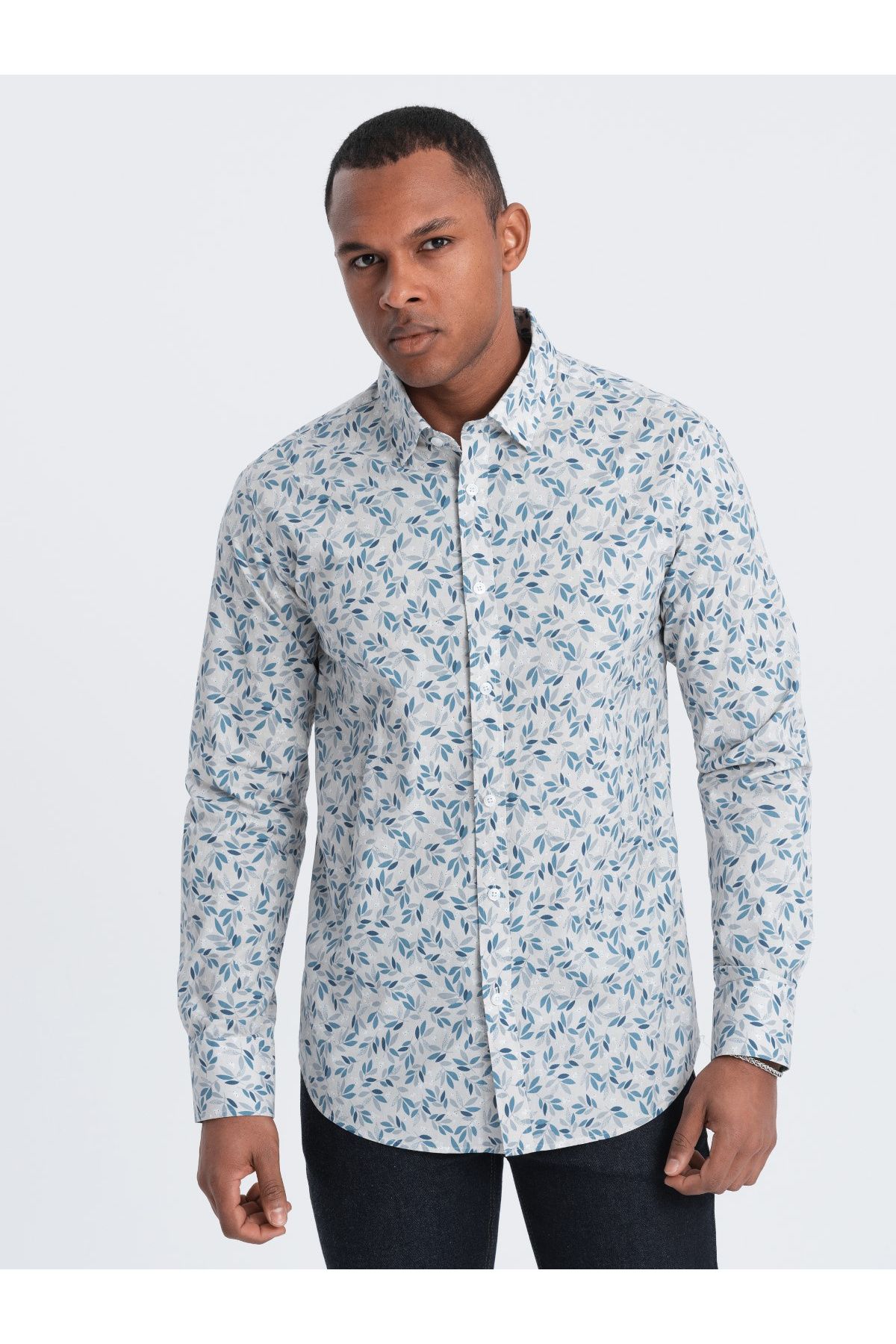 OMBRE-Herren SLIM FIT Hemd im Zweig-Print - blaugrau V2 OM-SHPS-0163 L 3