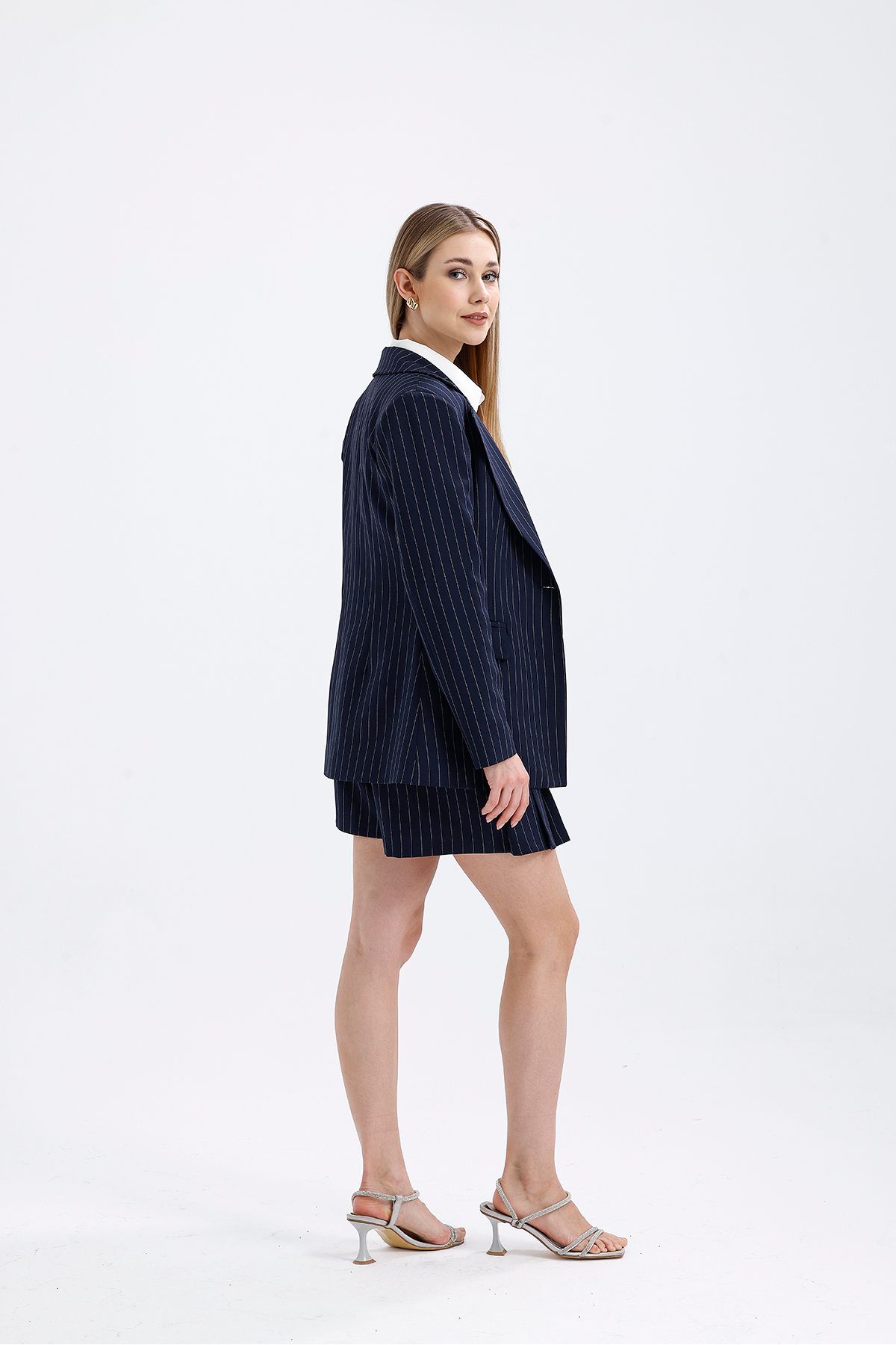 Abay-Stripe Detailed Blazer Jacket Shorts Skirt Set 7