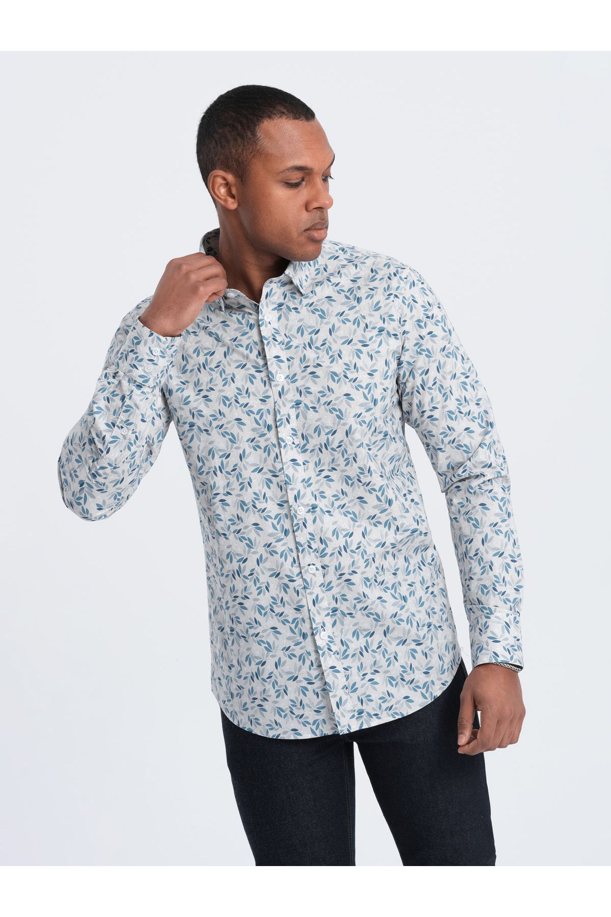 OMBRE-Herren SLIM FIT Hemd im Zweig-Print - blaugrau V2 OM-SHPS-0163 L 4