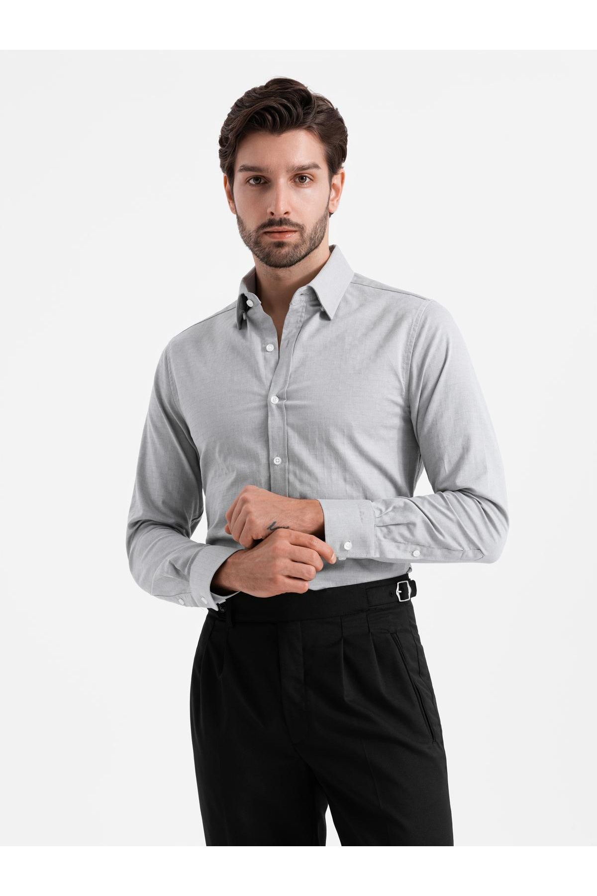 OMBRE-Pánská SLIM FIT košile z dekorativní látky - šedá V2 OM-SHCS-0175 XXL 3