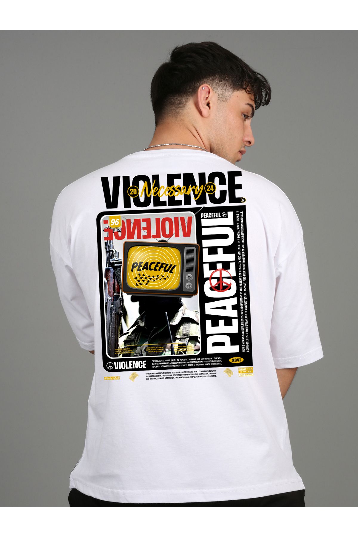 SOFT Premium Oversize  Unisex Baskılı T-shirt Violence - Beyaz