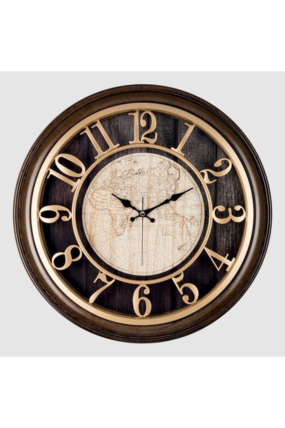 ZERO LAND DUVAR SAATİ KAHVERENGİ İÇİ KREM HARİTALI 45CM KABARTMA RAKAM AKAR SANİYE AKRİLİK BOYA AB 1495420711