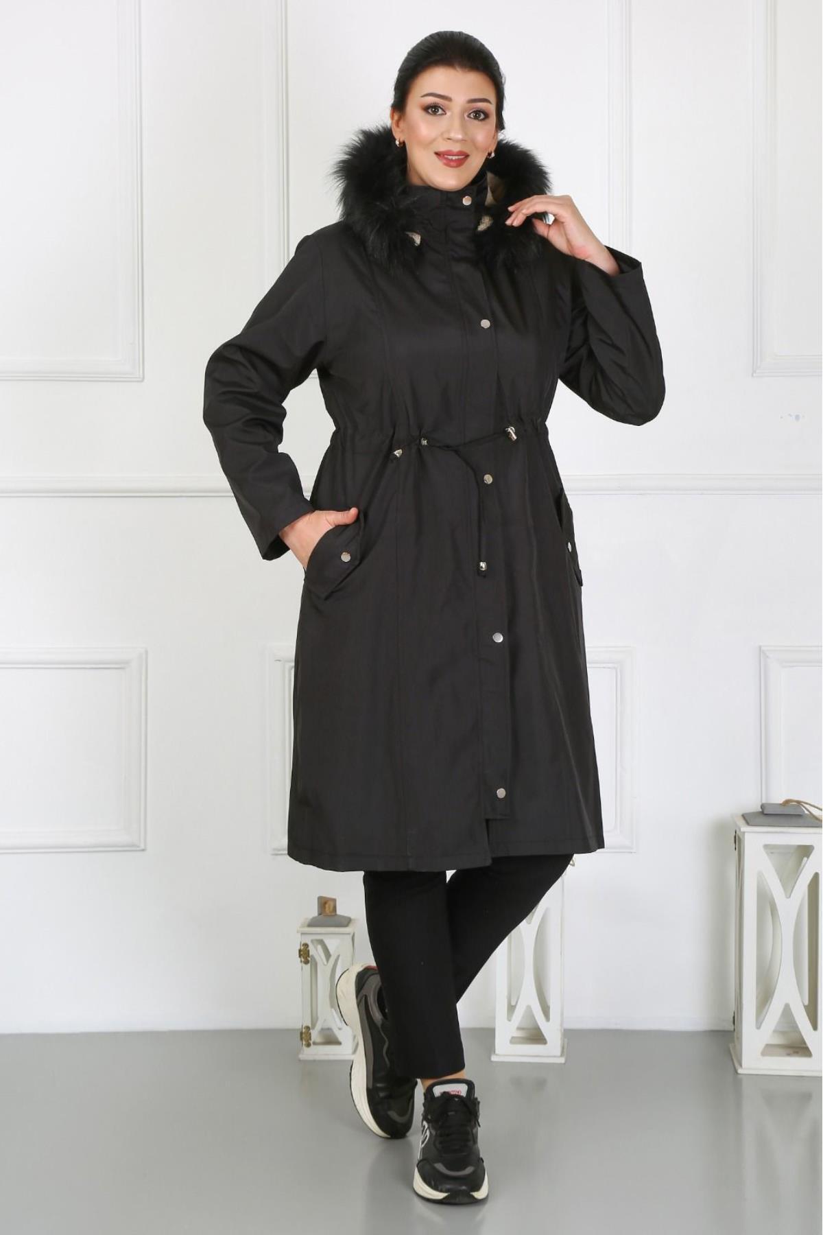 By Alba Collection Kadın Uzun Bondit Kumaş Içi Kıvırcık Büyük Beden Mont Siyah