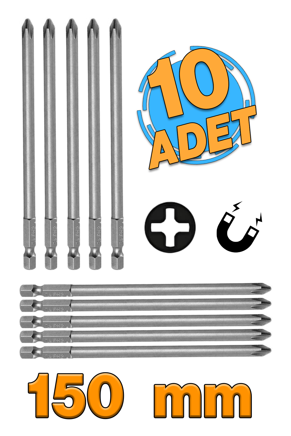 Badem10 Mıknatıslı Yıldız PH2 Bits Uç 150 mm 10'lu Set Kutulu Manyetik 1/4" Matkap Ucu 15 cm Uzunluk