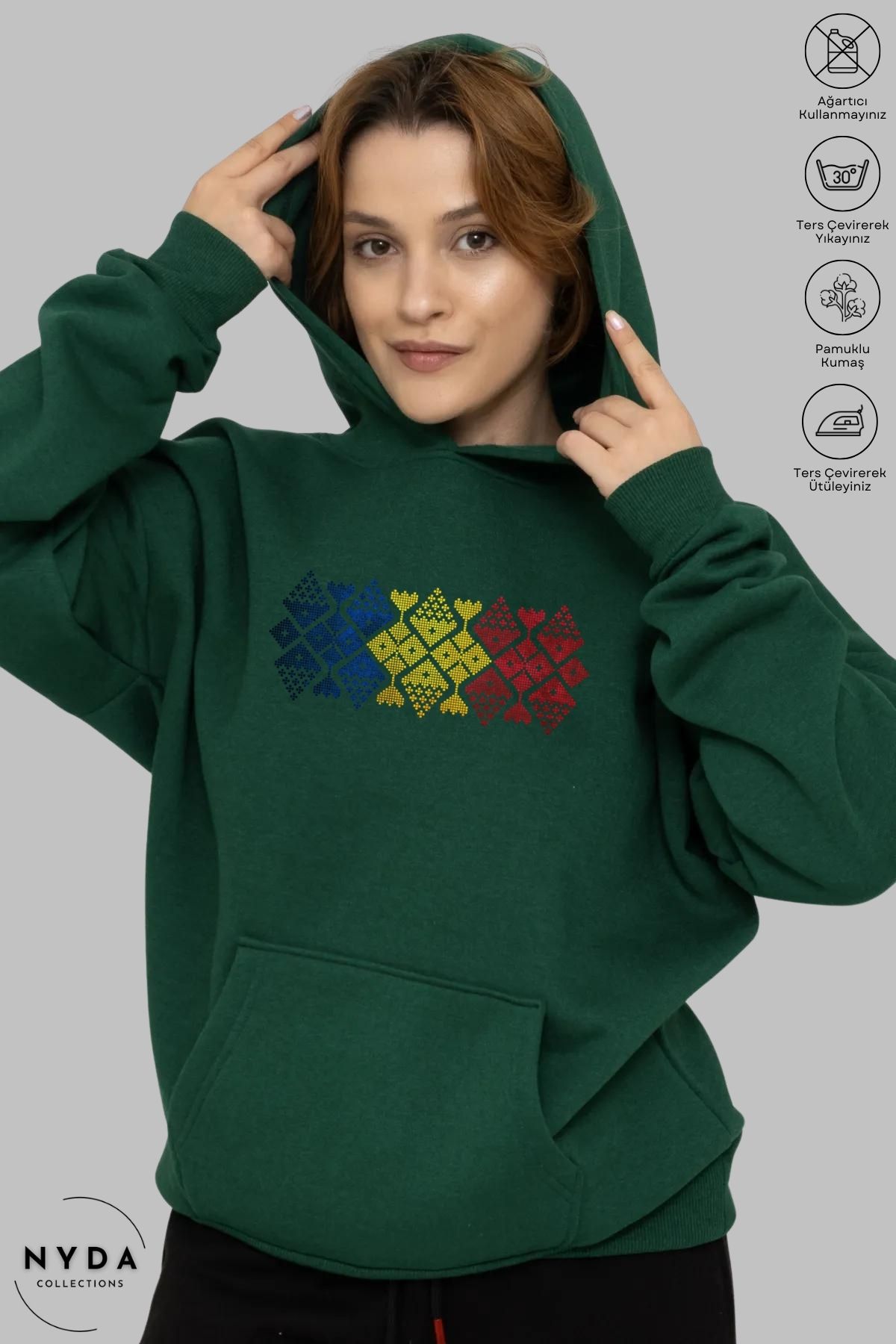 Nyda Collections Unisex Hoodie Uzun Kollu Romania Cusatura Baskılı Kapüşonlu Şardonlu Oversize Pamuk Sweatshirt