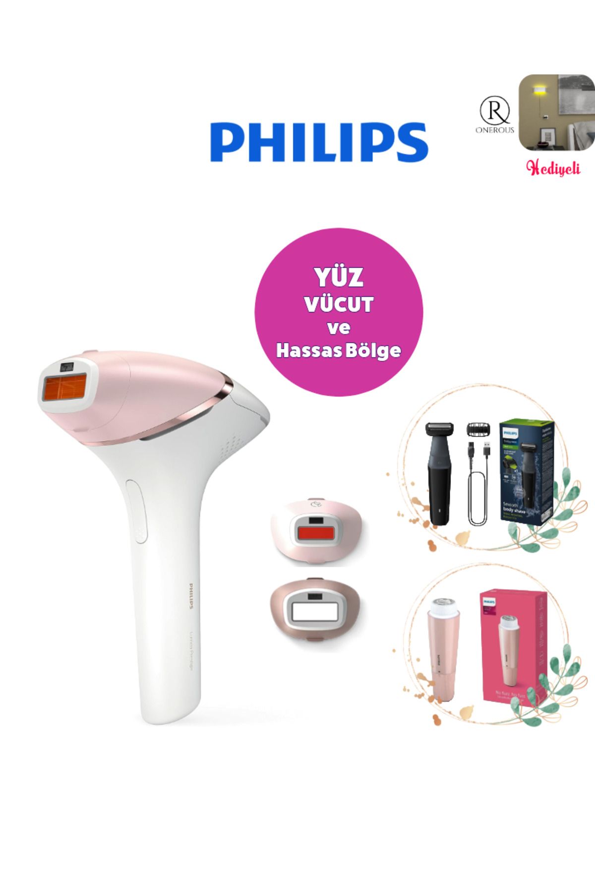 Philips Yüz, Vücüt ve Hassas Bölge Bakım & Akıllı Kablosuz Lazer Epilasyon Seti FULL Set Lambader Hediyeli