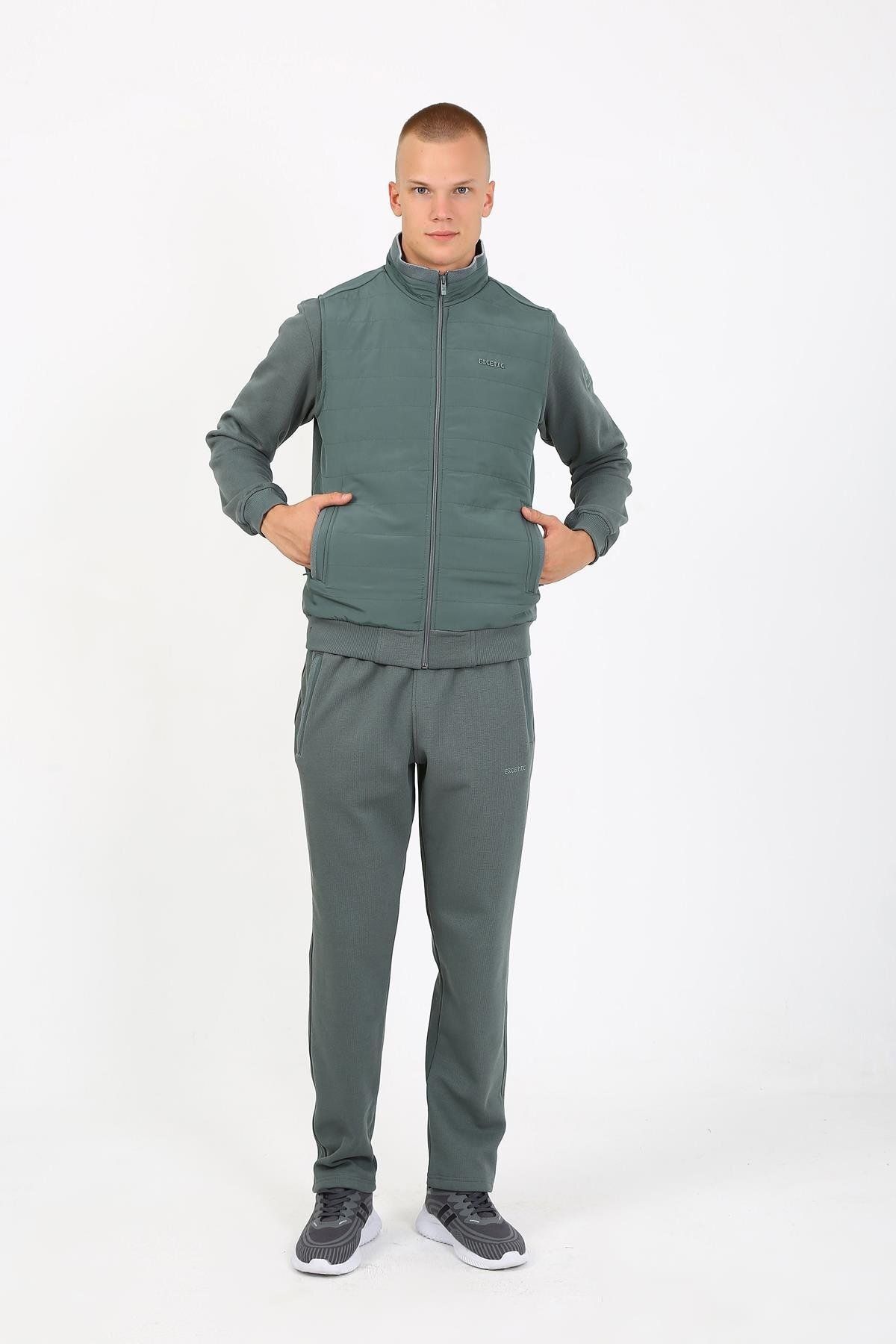 Escetic-Water Green Men's Tracksuit Set - 3 Thread Lakos, 5 Pockets, Triple, Vest Tk 5