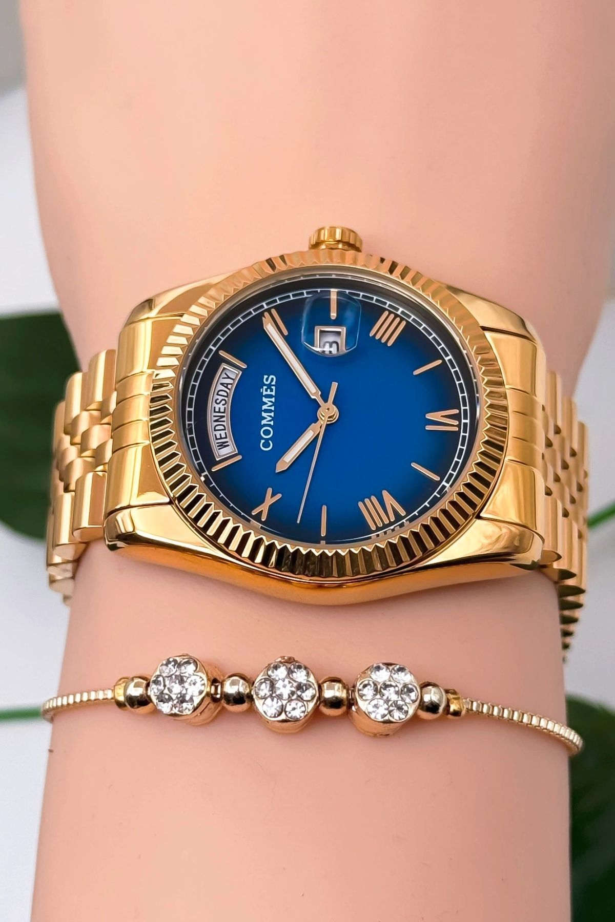 COMMES-3 Atm Waterproof Gold-Blue Women's Wristwatch - Steel Band & Case Zmcms038 2