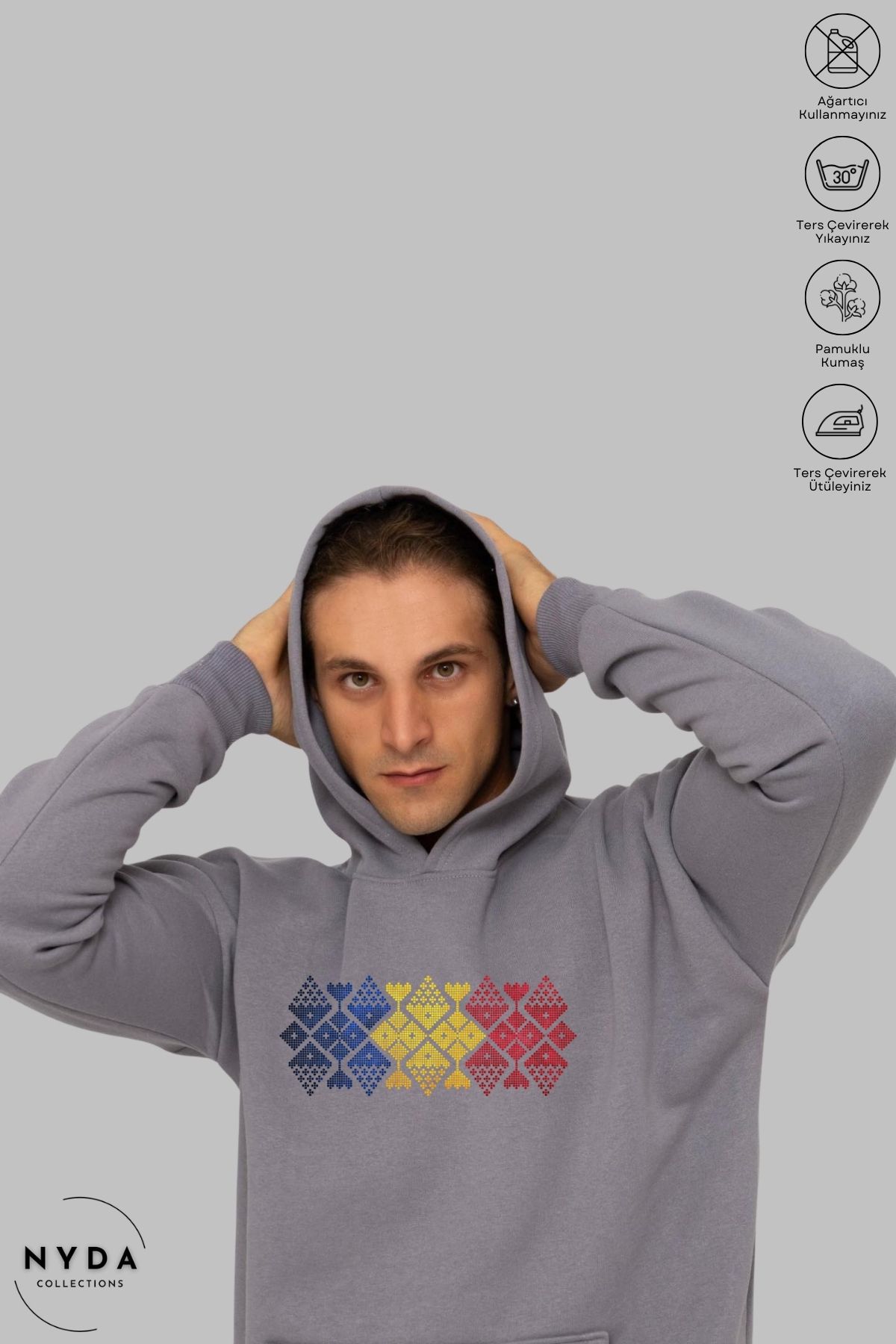 Nyda Collections Unisex Hoodie Uzun Kollu Romania Cusatura Baskılı Kapüşonlu Şardonlu Oversize Pamuk Sweatshirt