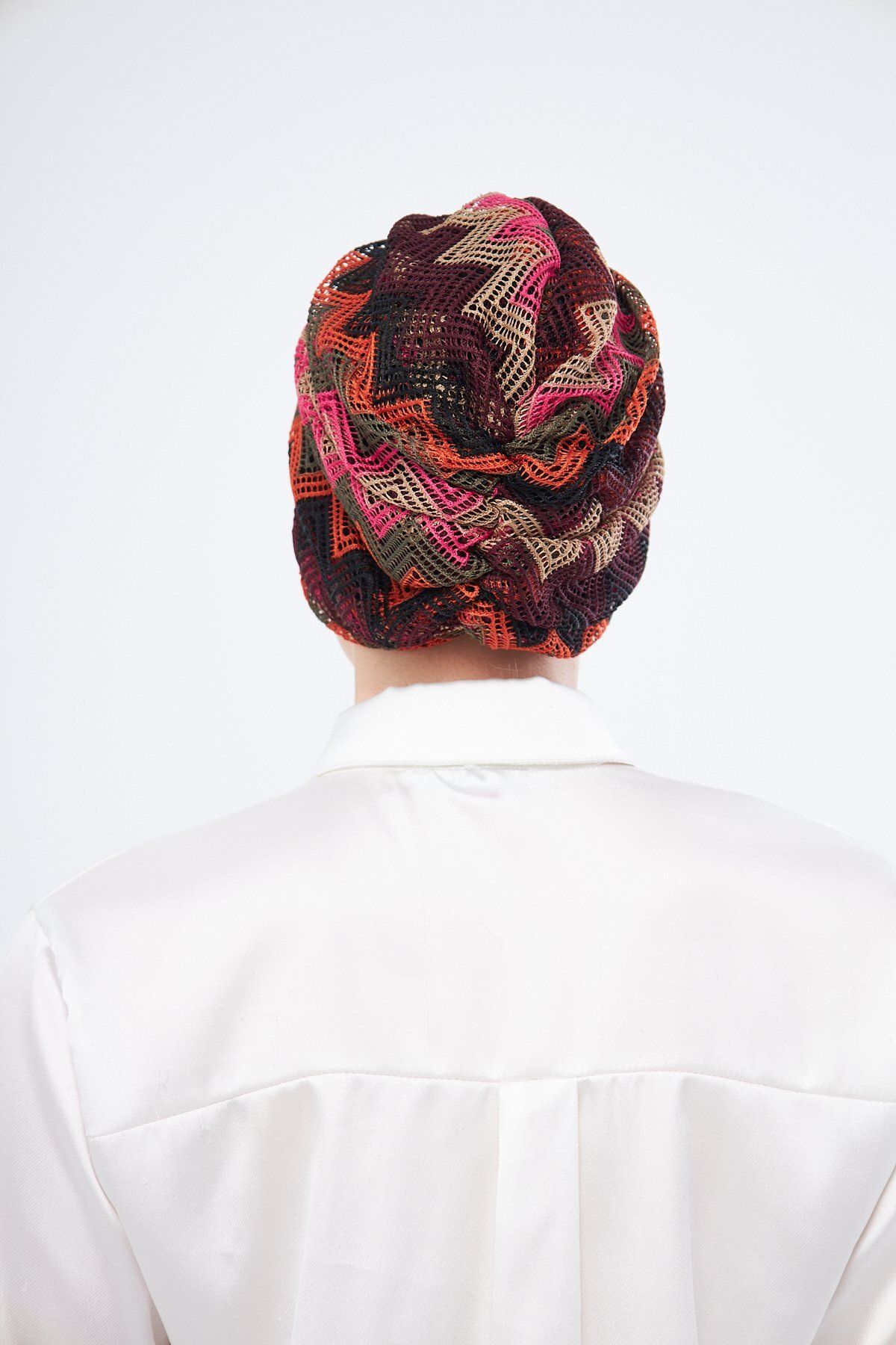 HÜRREM BONE-Loose Hijab Bonnet - Black Gathered and Knitted Patterned Mesh 2403_01 4