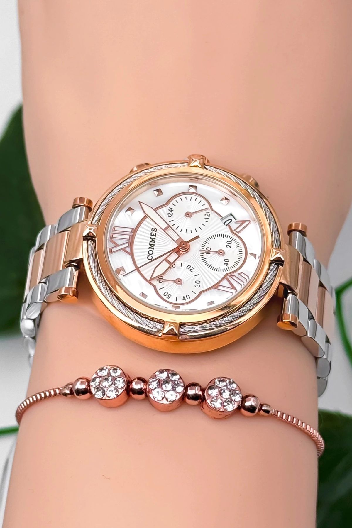 COMMES-Steel Band&Case Women's Wristwatch 3 Atm Waterproof Rose-Silver-White Zmcms039 2