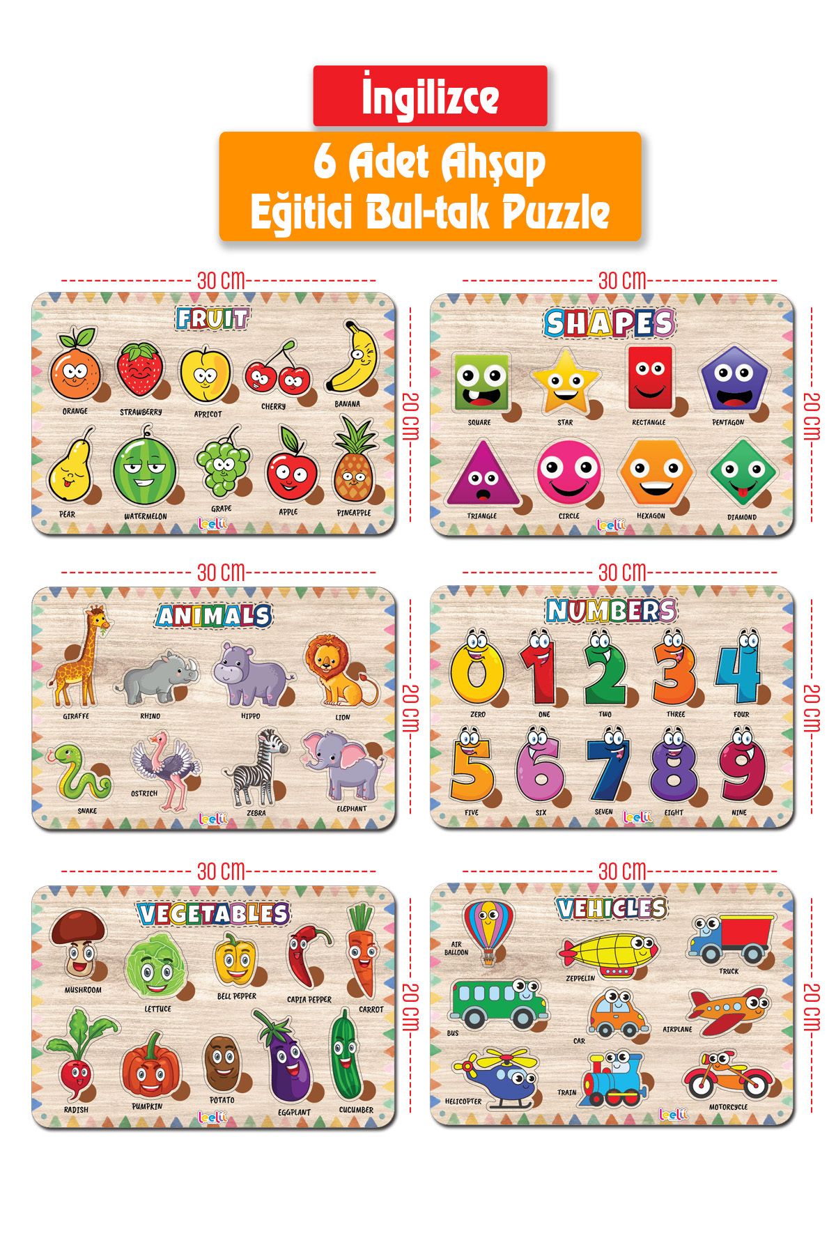 Leelii Tasarım İngilizce Hayvanlar-Araçlar-Şekiller-Rakamlar-Meyveler-Sebzeler Ahşap 6’lı Set, Puzzle-Yapboz