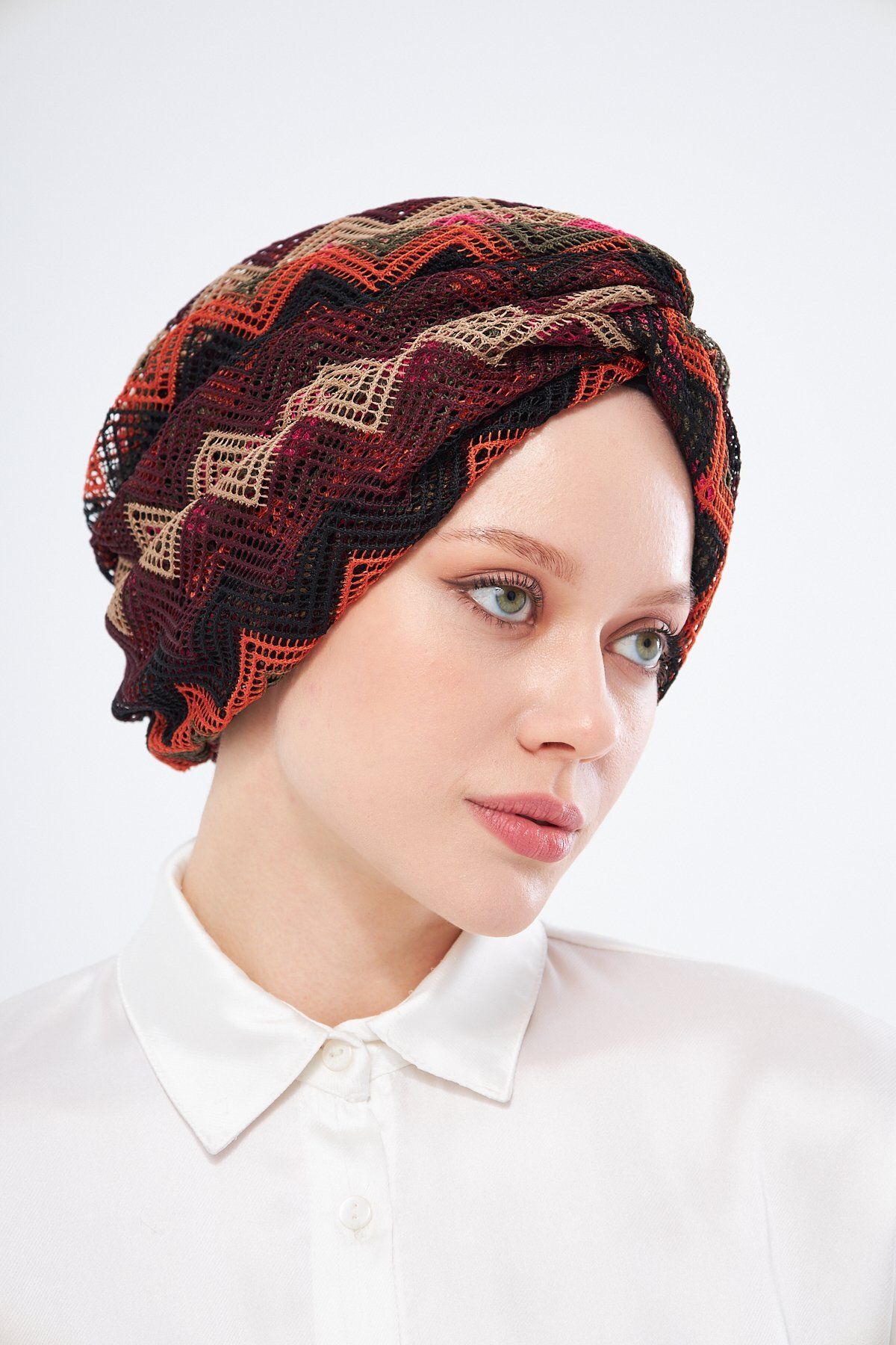 HÜRREM BONE-Loose Hijab Bonnet - Black Gathered and Knitted Patterned Mesh 2403_01 6
