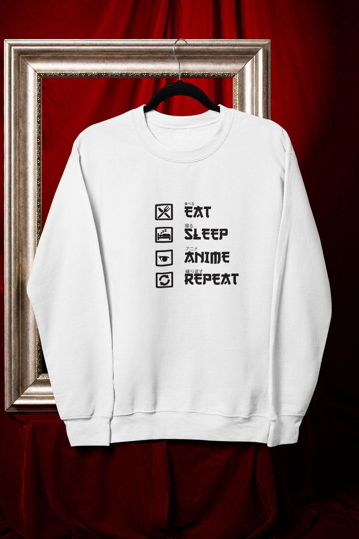 qoeuyl boutique Eat Sleep Anime Repeat Baskılı Eğlenceli Unisex Bisiklet Yaka Sweatshirt