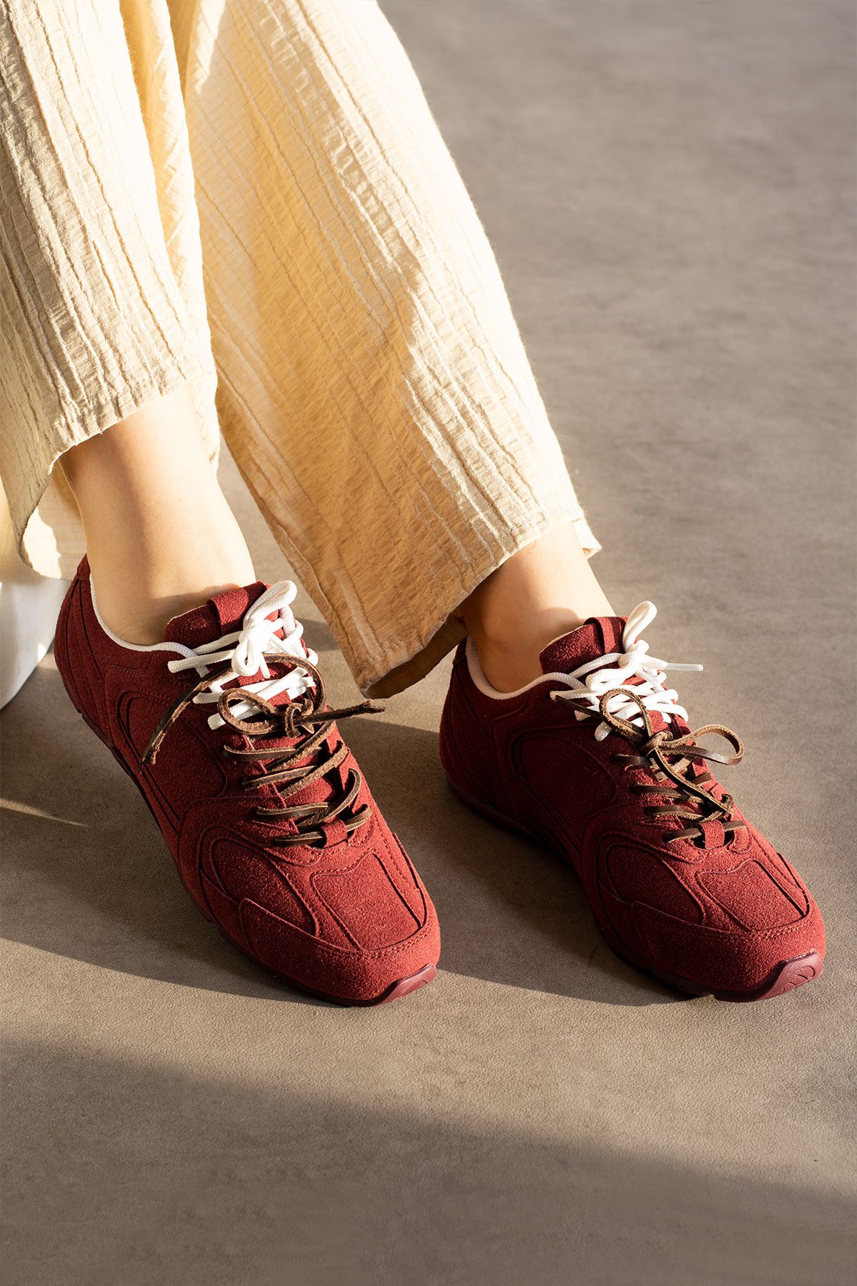 Yula Fashion Shoes Bellıve Bordo Süet Çift Bağcık Trend Model Sneaker