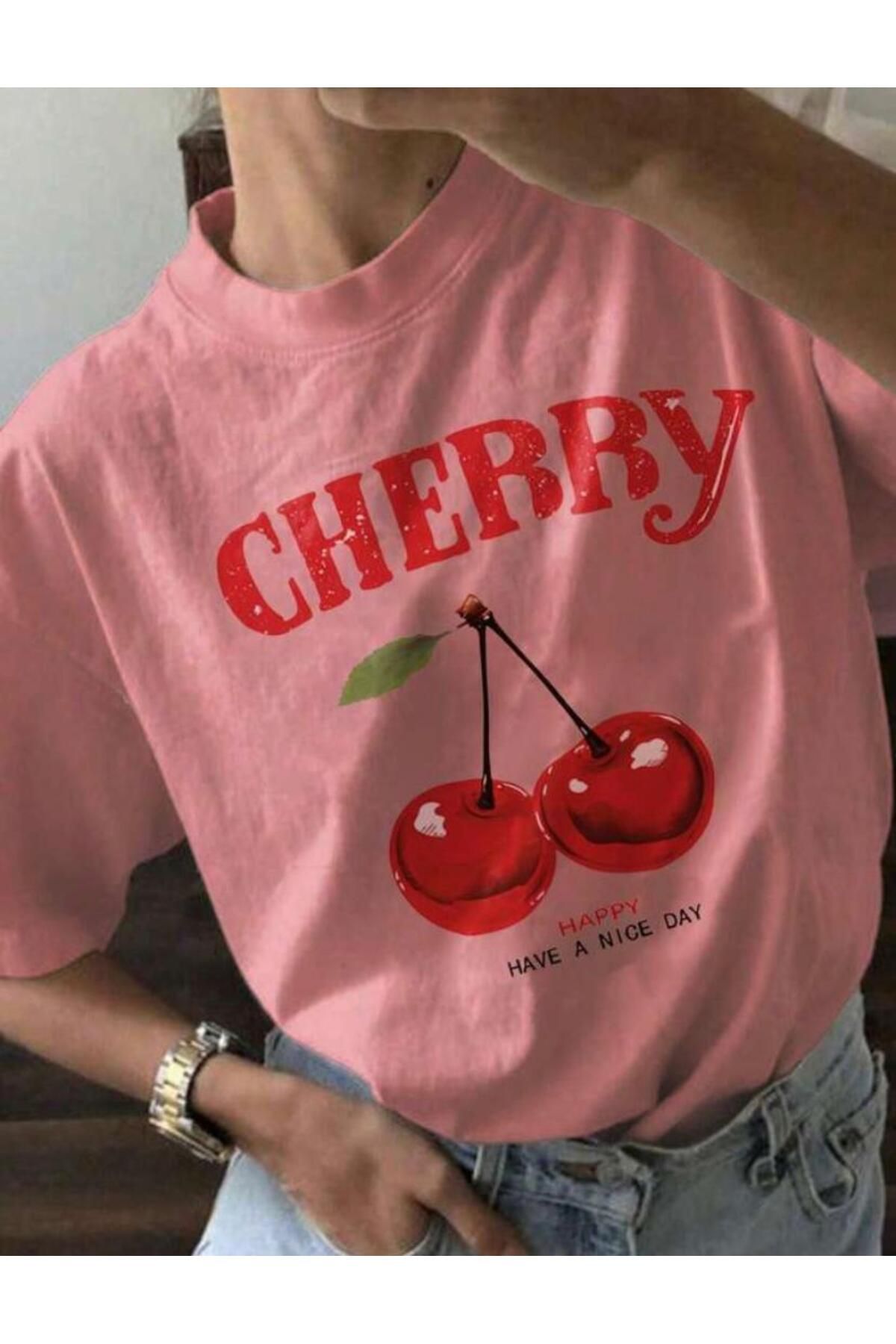 stg spor toptan giyim Kadın Pembe Cherry Kiraz Baskılı Bol Kalıp T-shirt