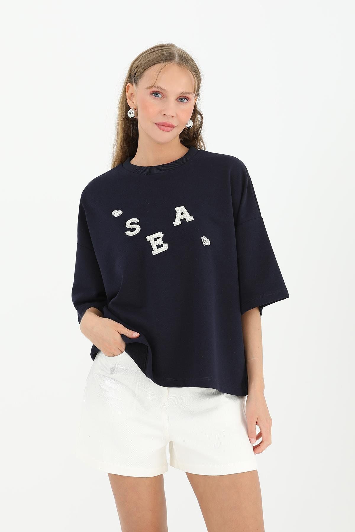 Soul Kadın Nakışlı T-shirt - 31691TSH - NAVY