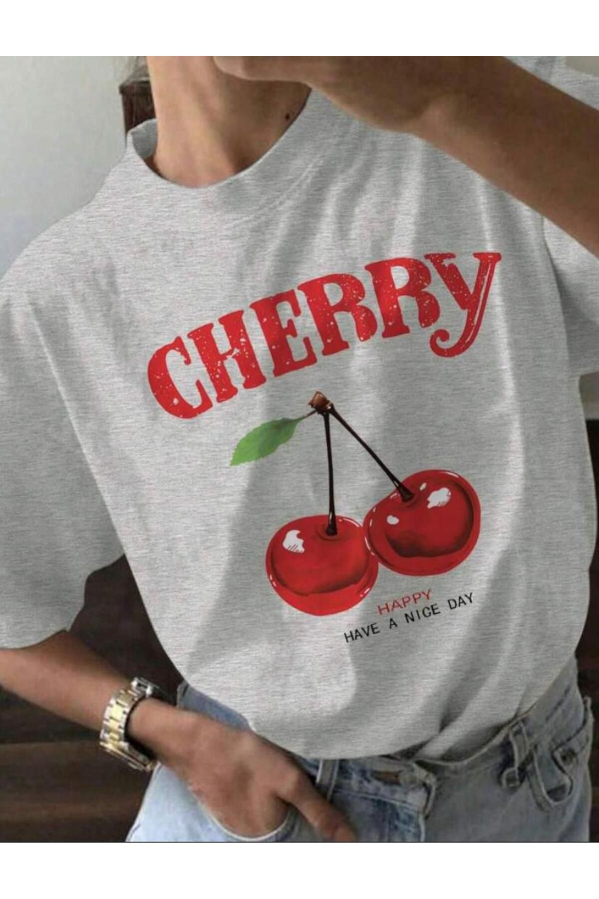 stg spor toptan giyim Kadın Grimelanj Cherry Kiraz Baskılı Bol Kalıp T-shirt