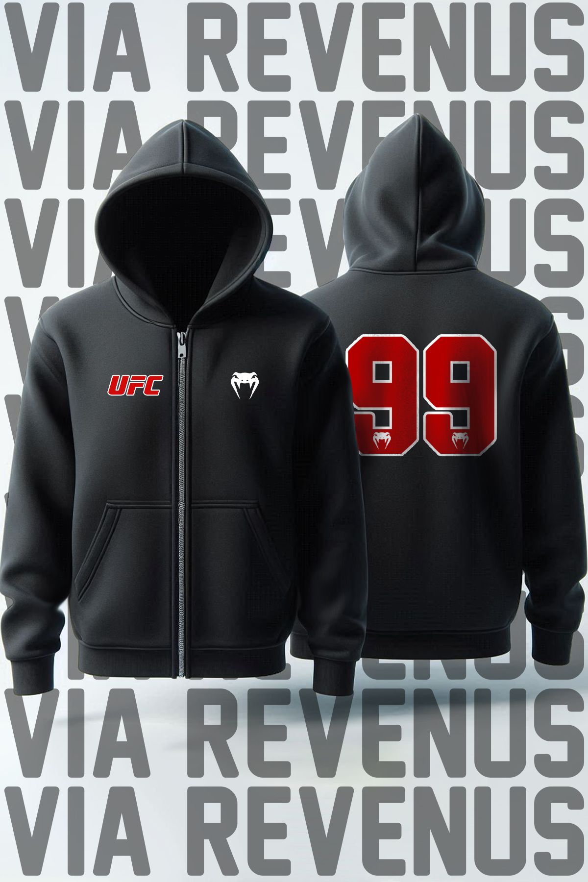 Vordevia UFC Venum 99 Ön ve Arka Baskılı Unisex Fermuarlı Kapüşonlu Gri Sweatshirt Hırka