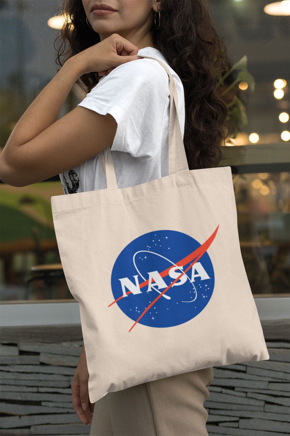 qoeuyl boutique Nasa Uzay Temalı Baskılı Omuz Çantası %100 Pamuklu Tote Bag Ham Bez Çanta