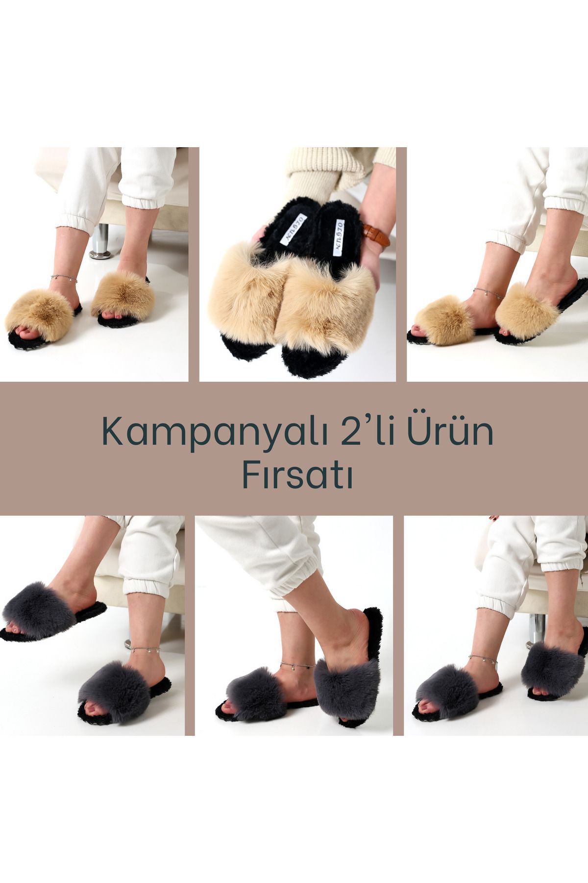 olgun slipper 2li Tüylü Şık Ev Terliği