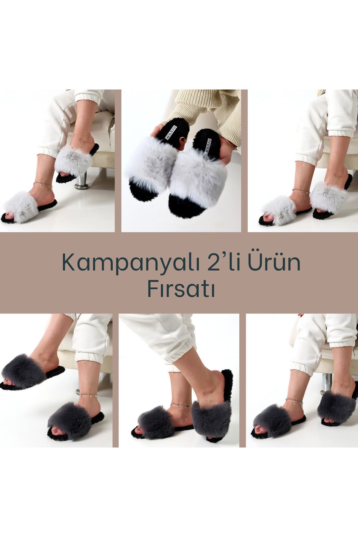 olgun slipper 2li Tüylü Şık Ev Terliği