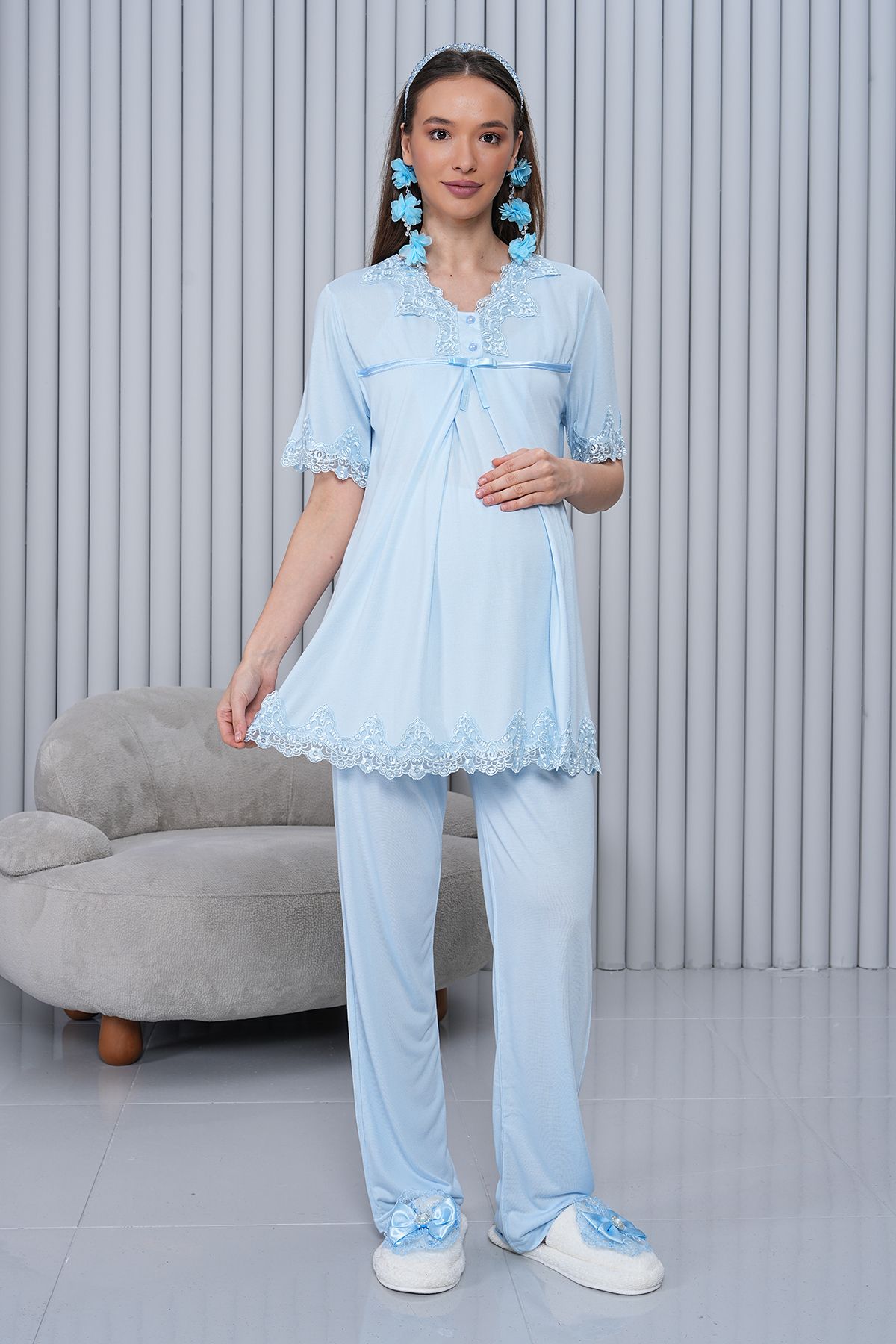 lohusahamile-Pregnant Maternity Pajamas Set with Hidden Breastfeeding Short Sleeve and Blue Dressing Gown 6