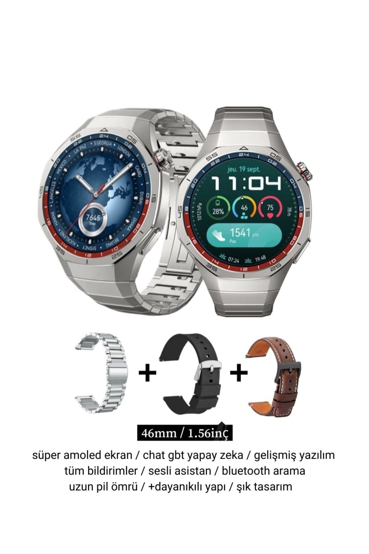 güncellix Watch sk40+ 2 adet kordon hediyeli 46mm gri kasa Yapay Zeka, 4gb Ram ios/Android