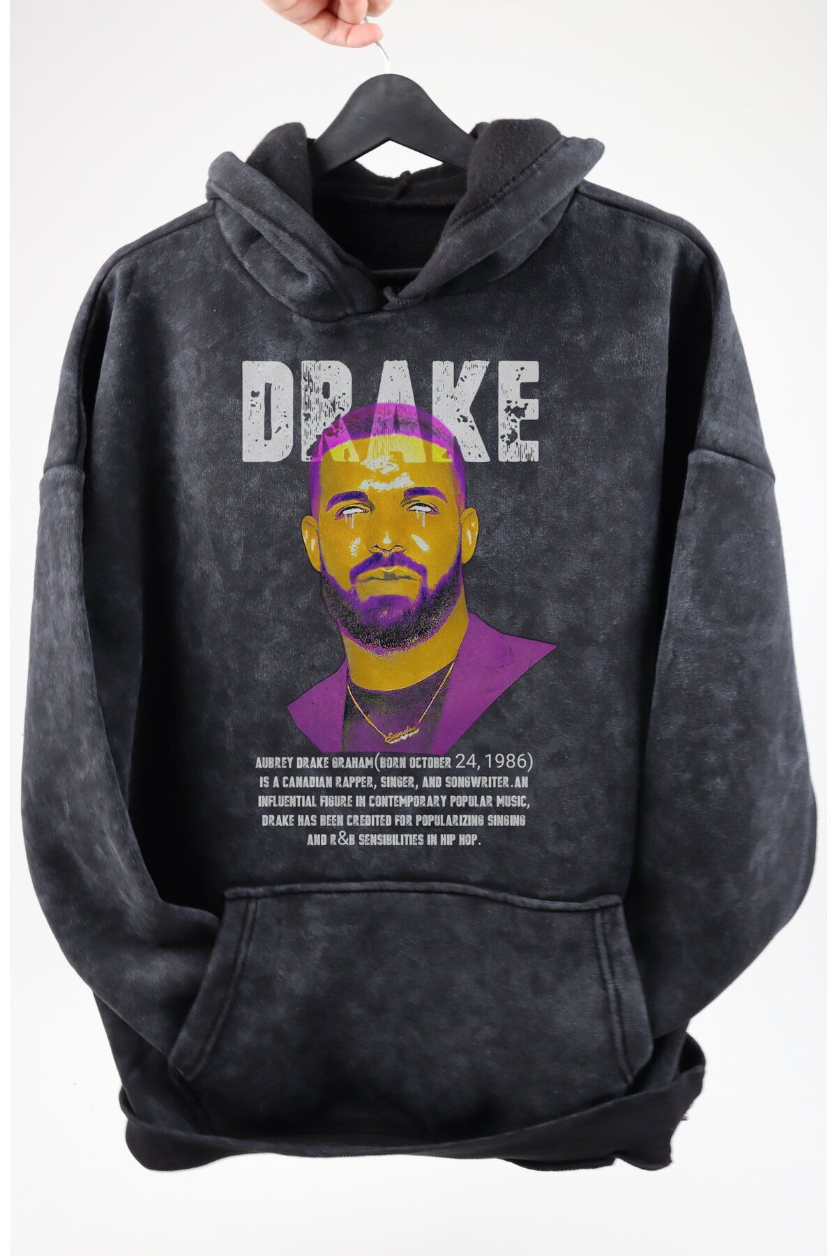 Fuddy Moda Oversize Drake Baskılı Kapüşonlu Yıkamalı Sweatshirt, Unisex Rapper Temalı Retro Hoodie