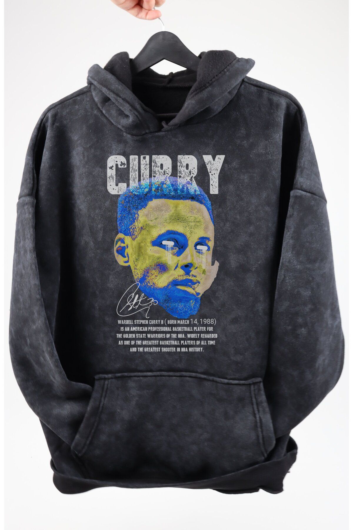 Fuddy Moda Oversize Curry Baskılı Kapüşonlu Yıkamalı Sweatshirt, Unisex Basketbolcu Temalı Vintage Hoodie