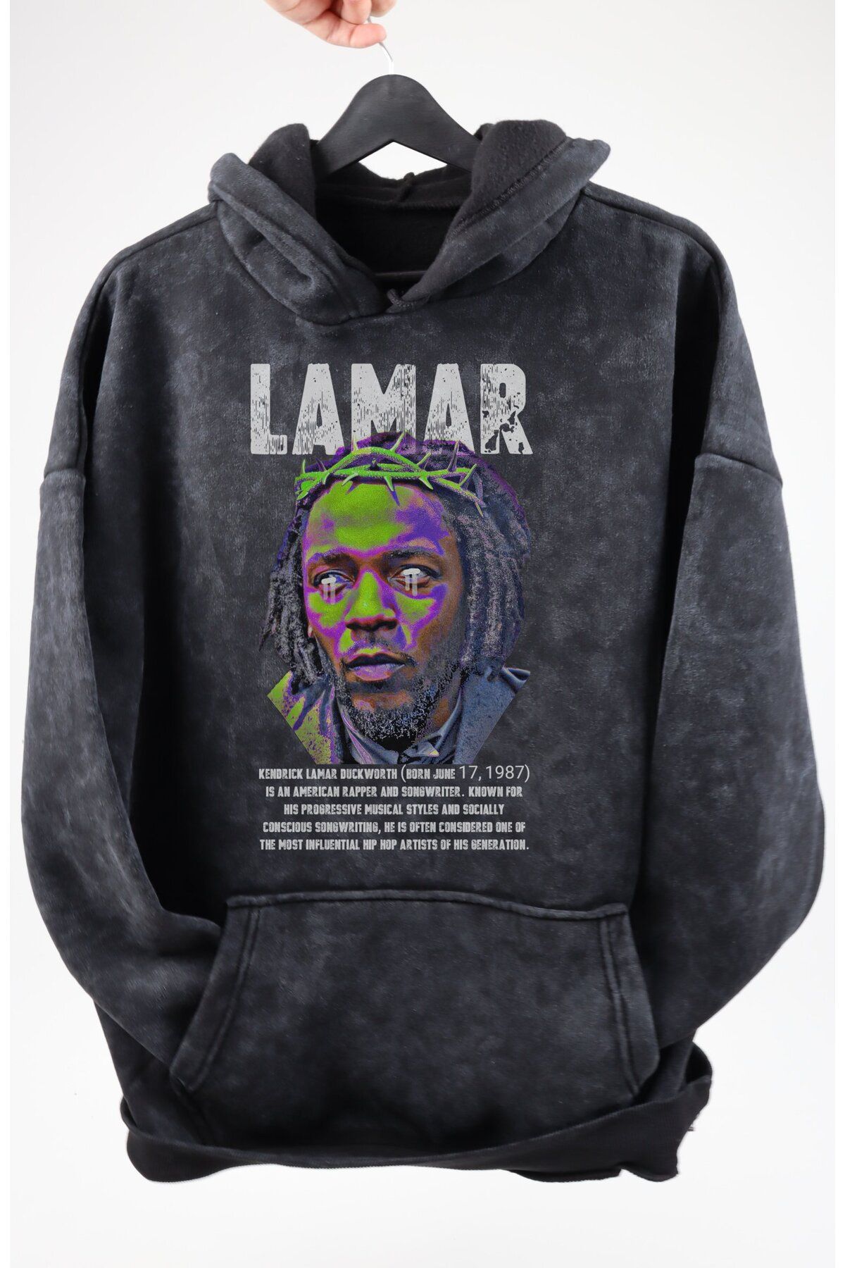 Fuddy Moda Oversize Kendrick Lamar Baskılı Kapüşonlu Yıkamalı Sweatshirt, Unisex Rapper Temalı Vintage Hoodie