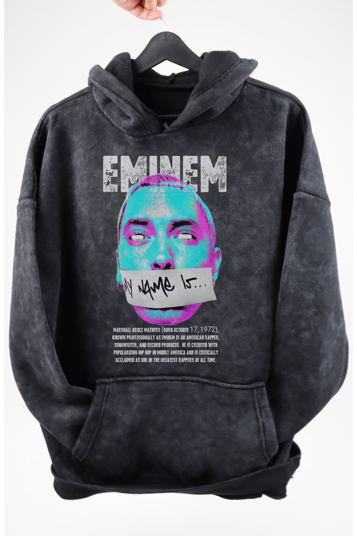 Fuddy Moda Oversize Eminem Baskılı Kapüşonlu Yıkamalı Sweatshirt, Unisex Rapper Temalı Eskitme Hoodie