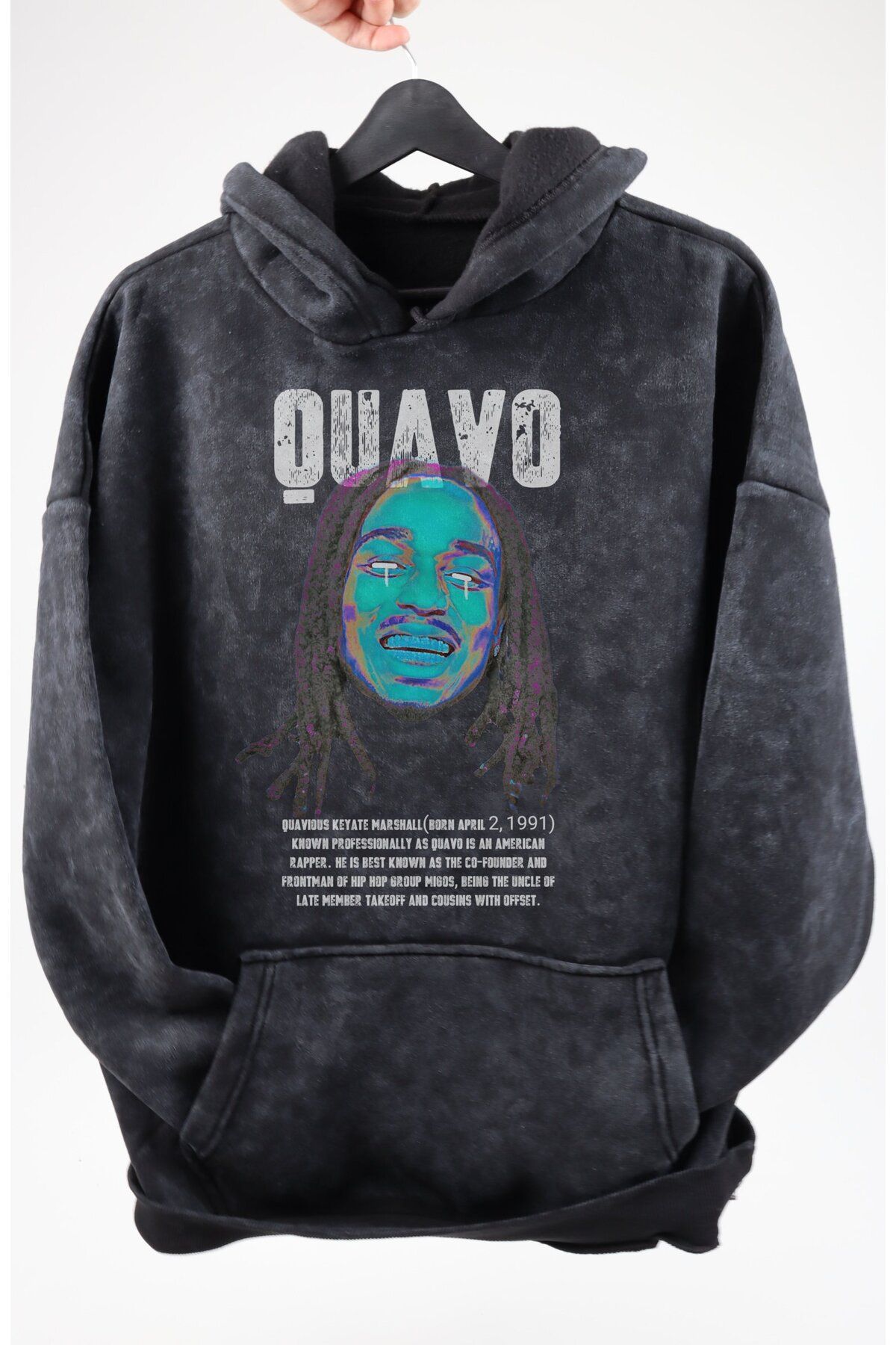 Fuddy Moda Oversize Quavo Post Baskılı Kapüşonlu Yıkamalı Sweatshirt, Unisex Rapper Temalı Retro Hoodie