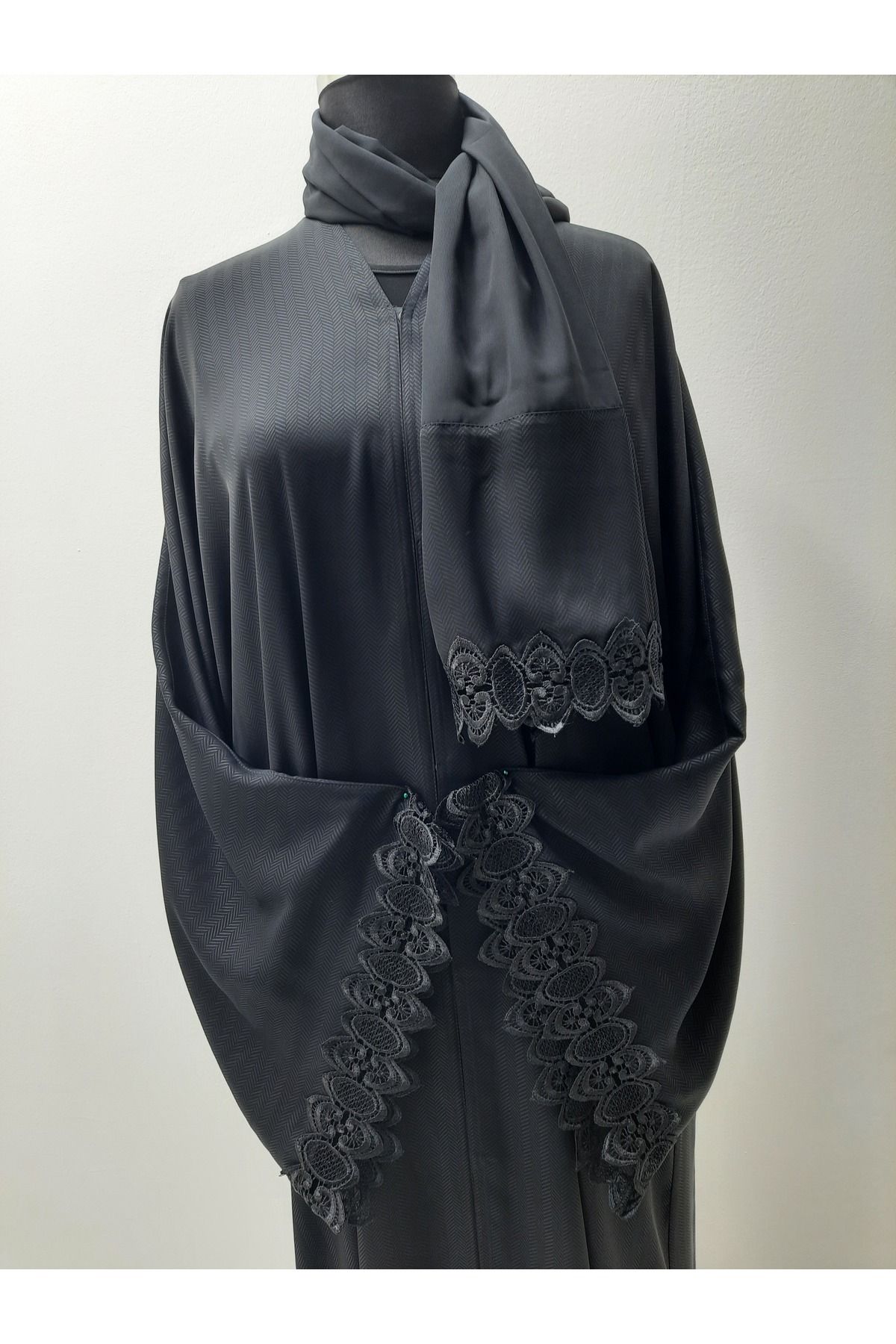 GigiTex HİJAP ABAYA SİYAH DANTEL ŞERİTLİ FERACE BOY 1.50 cm  ŞALLI TAKIM Standart Beden 38--44