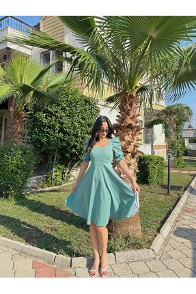 Sunlit Collections Kadın Mint Yeşili Düz Renk Arka Fermuarlı Büzgülü Kollu Ka...