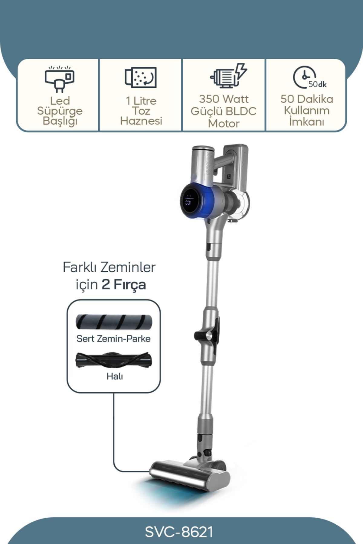 Sinbo Svc-8621 Bldc Motorlu Dikey Kablosuz Şarjlı Led Aydınlatmalı Süpürge