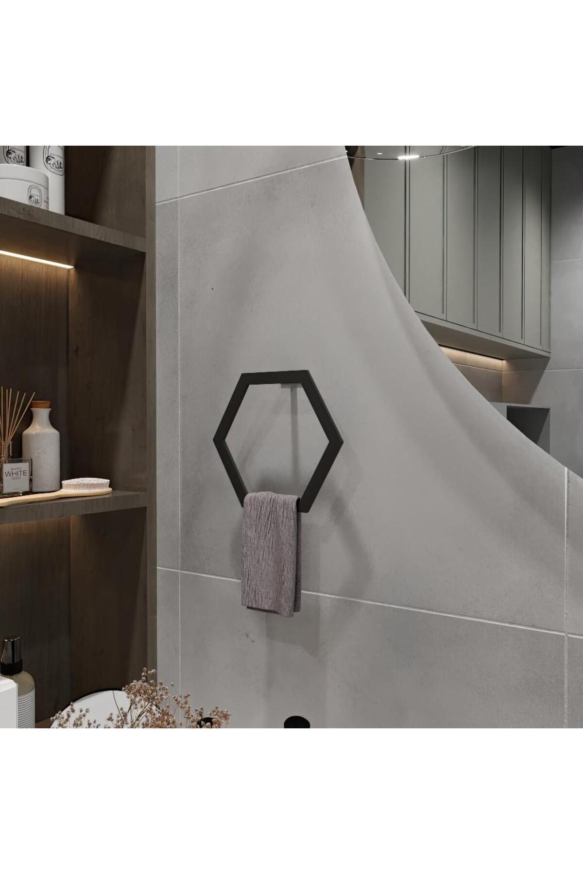 elfmetal Minimalist Altıgen Metal Banyo Havlu Askısı, Duvar Montajlı Modern Havlu Halkası, Banyo Toparlayıcı