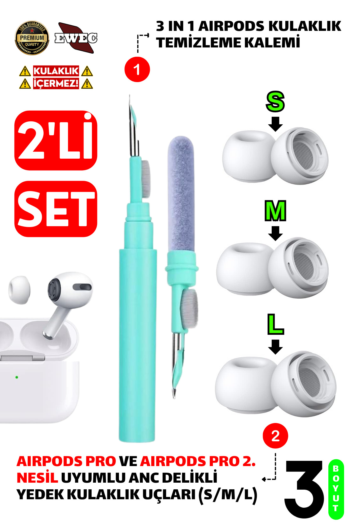 Pro and Pro 2nd Generation Compatible Anc Perforated Silicone Headset Tips (S,M,L) and 3 in 1 Cleaning Pen Set