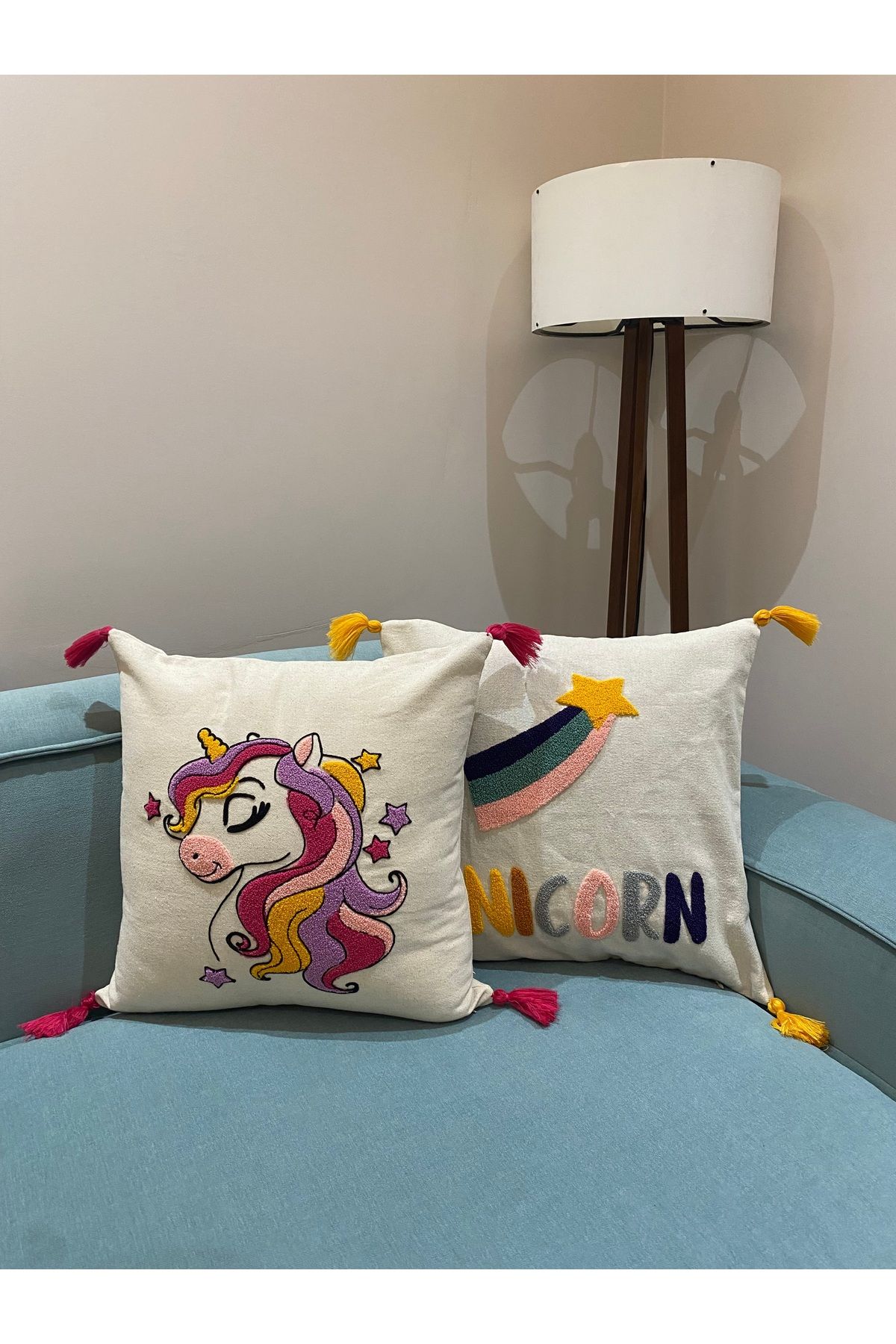 Home 2’li Punch Unicorn Desenli Kırlent Kılıfı Takımı Keten Pamuk Yastık Kılıfı