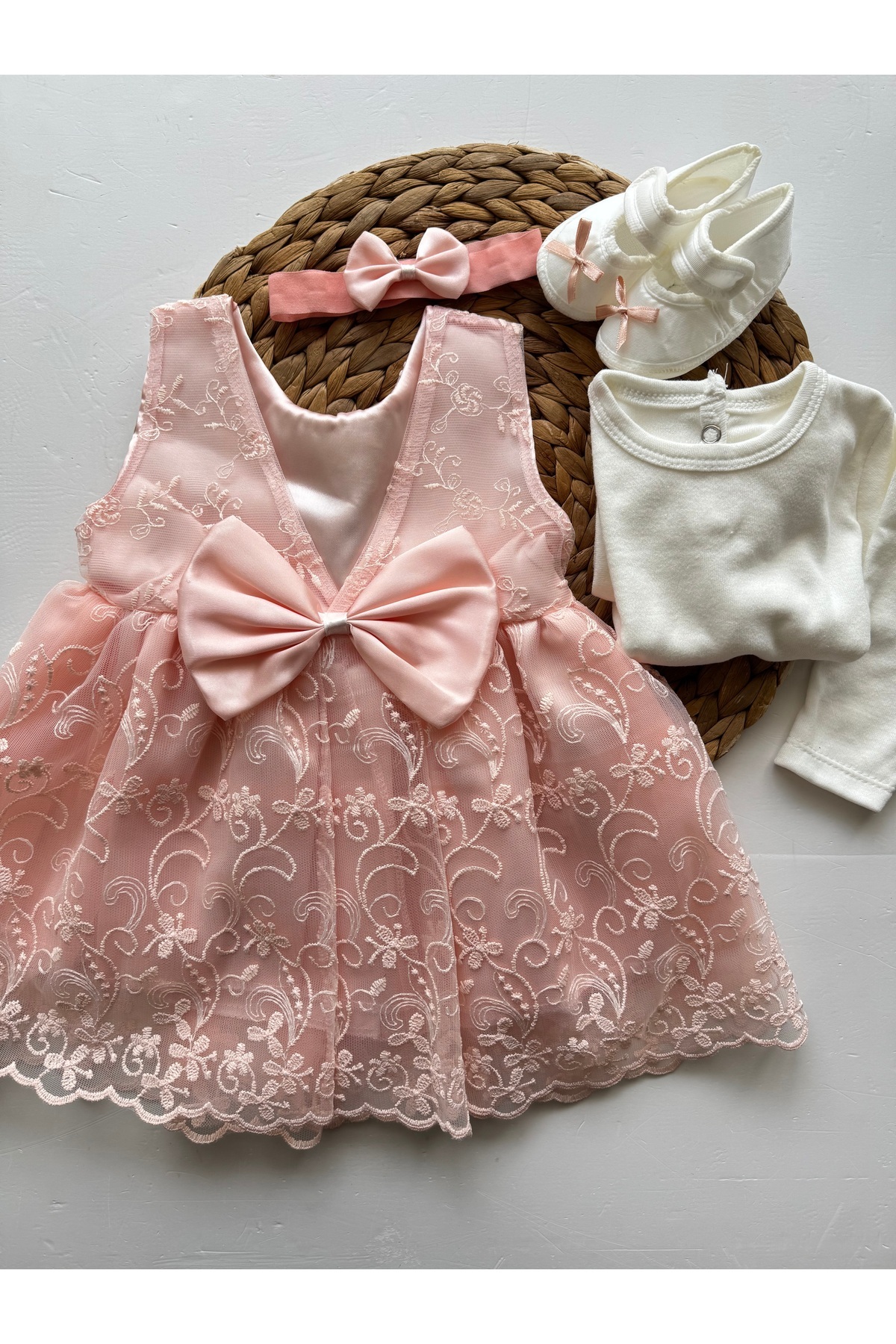 PİLEKİ BABY ( 4 Parça ) 0 4 Ay Yenidoğan Bebek Mevlüt Elbisesi Prenses Elbise Dantelli Kız Bebek Elbisesi fotoğrafı 4 (önizleme)
