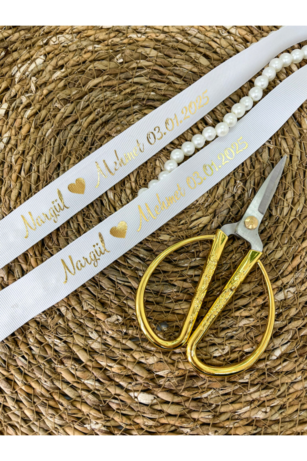 Spilled Pearl White Color Promise & Engagement Personalized Ring Ribbon Gold Printed Name is Written (2cm)