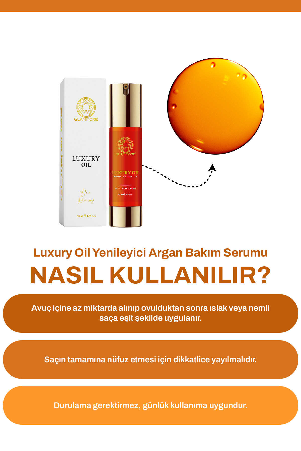 Luxury Oil Hair Renewing 50 ml (SAÇ SERUMU) — GlamMoreLuxuryOil50Ml — تصویر 3 از 8