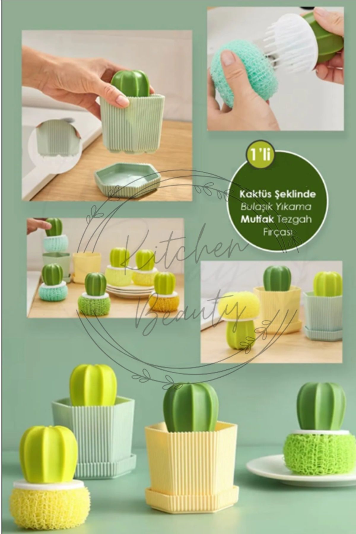 Kitchen Beauty Pratik Kaktüs Saksı Şeklinde Standlı Bulaşık Yıkama Ve Lavabo Temizleme Ovalama Tezgah Fırçası