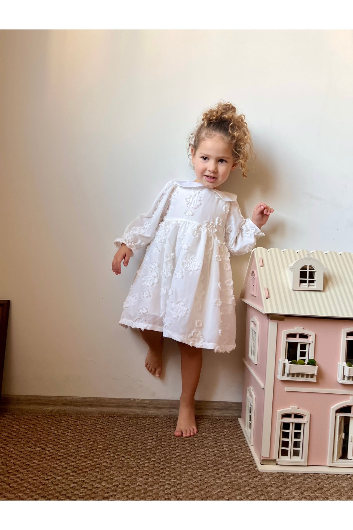 penu baby kids Beyaz Gül Figürlü Mevsimlik Pamuk Astarlı Uzun Kollu Kız Çocuk Kız Bebek Elbise fotoğrafı 3 (önizleme)