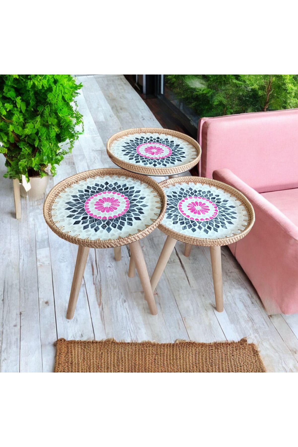 Toprak Design Üçlü(35cm çap) Sedef Mozaik kaplama Rattan Sehpa, Zigon, Yan Sehpa