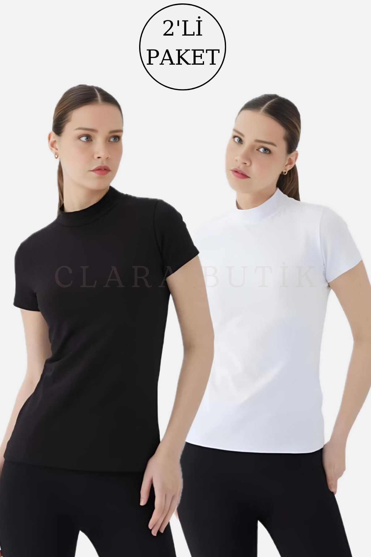 Lunamiratto Balıkçı Kısa Kol Pamuklu Body Siyah-Beyaz Yarım Balıkçı Body Boğazlı Tişört T-shirt