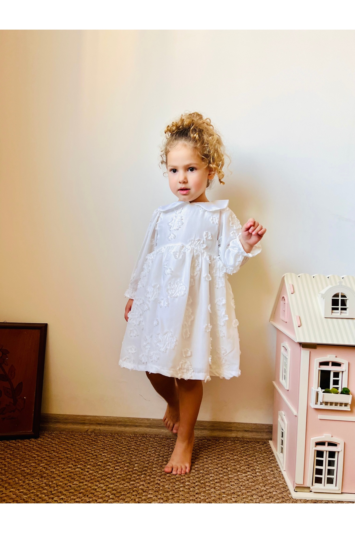 penu baby kids Beyaz Gül Figürlü Mevsimlik Pamuk Astarlı Uzun Kollu Kız Çocuk Kız Bebek Elbise fotoğrafı 5 (önizleme)