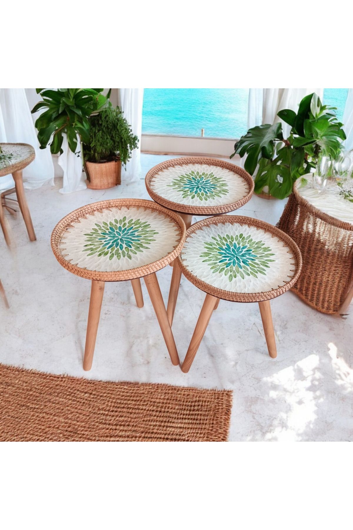 Toprak Design Üçlü Bohem Sedef Mozaik (35CM ÇAP)rattan Sehpa, Bambu Rattan Hasır Zigon Sehpa , Yan Sehpa