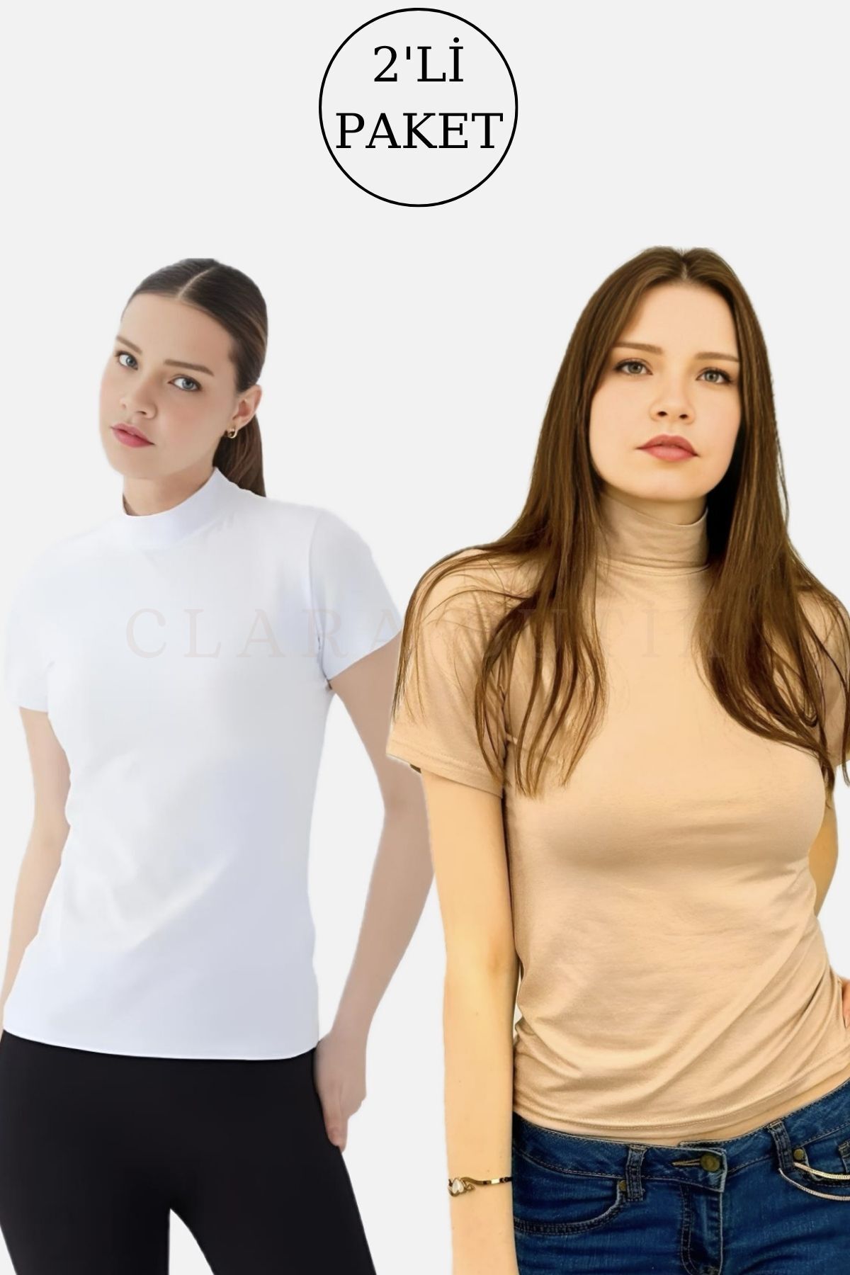 Lunamiratto Balıkçı Kısa Kol Pamuklu Body Beyaz-Bej Yarım Balıkçı Body Boğazlı Tişört T-shirt