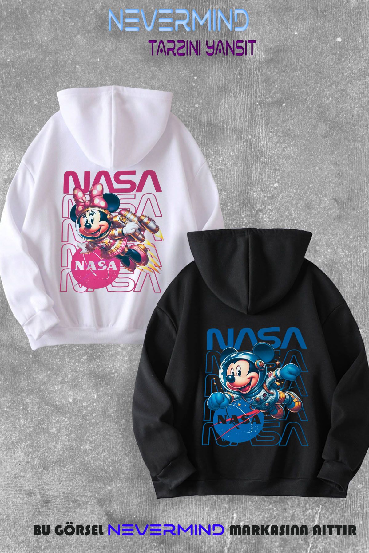 NEVERMIND Sevgili & Arkadaş Çift Kombini Mickey ve Minnie Mouse Nasa Baskılı Kapüşonlu Sweatshirt 2li Takım